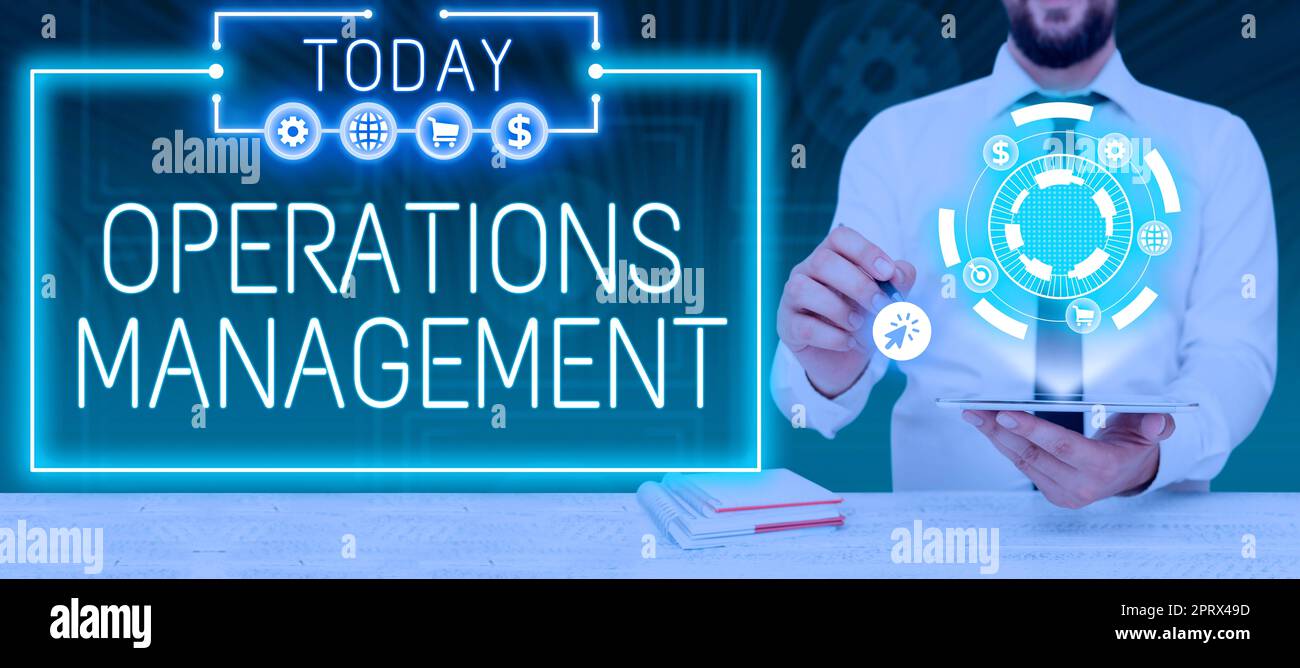 Text mit Inspiration Operations Management. Überblick über das Geschäft Sicherstellung der Inputs zur Produktion und Bereitstellung Stockfoto