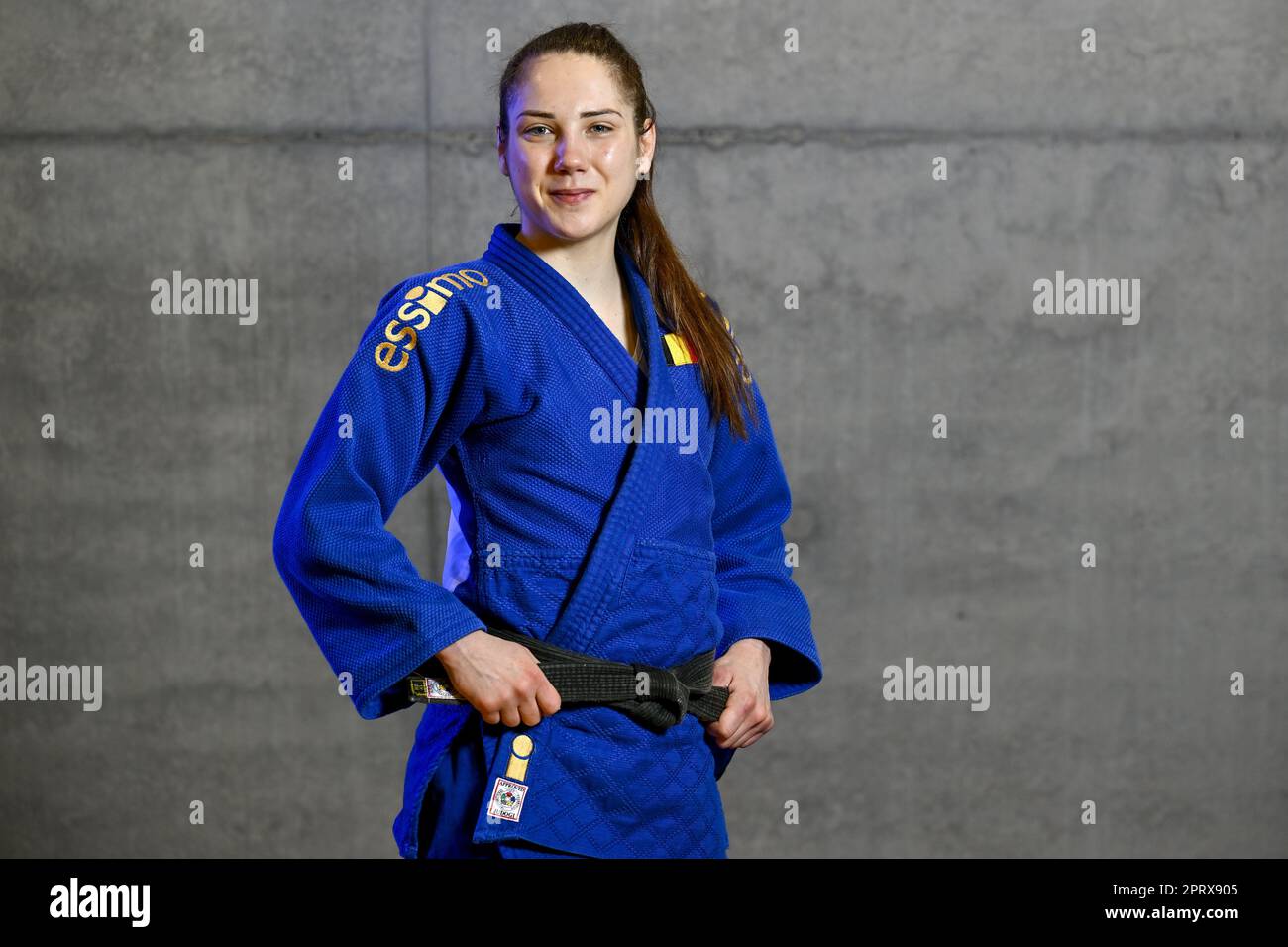 Wilrijk, Belgien. 27. April 2023. Der belgische Amber Ryheul wurde während eines Pressezeitpunkts von Judo Vlaanderen vor der Judo-Weltmeisterschaft in Doha (7.-14. April 05) auf dem Stedelijk Lyceum Topsport in Wilrijk, Antwerpen, Donnerstag, den 27. April 2023, gefilmt. BELGA PHOTO DIRK WAEM Credit: Belga News Agency/Alamy Live News Stockfoto