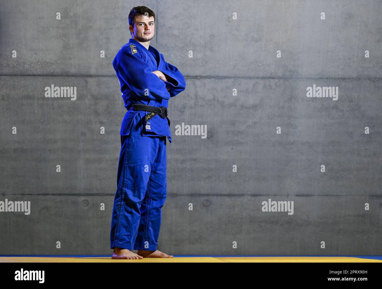 Wilrijk, Belgien. 27. April 2023. Der belgische Karel Foubert wird während eines Pressezeitpunkts von Judo Vlaanderen vor der Judo-Weltmeisterschaft in Doha (7.-14. April 05) im Stedelijk Lyceum Topsport in Wilrijk, Antwerpen, Donnerstag, den 27. April 2023, gezeigt. BELGA PHOTO DIRK WAEM Credit: Belga News Agency/Alamy Live News Stockfoto