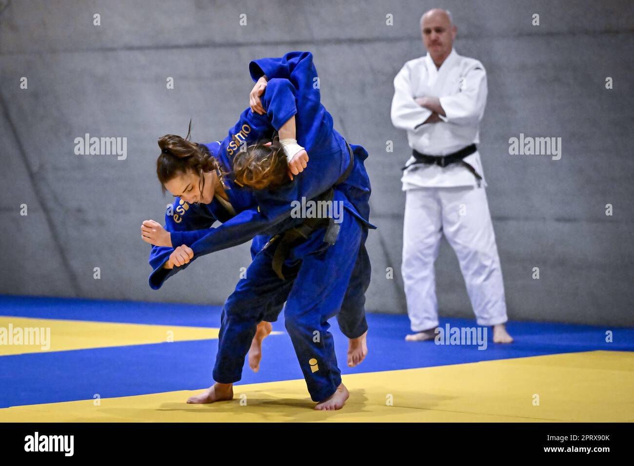 Wilrijk, Belgien. 27. April 2023. Der belgische Amber Ryheul wird während eines Pressezeitpunkts von Judo Vlaanderen vor der Judo-Weltmeisterschaft in Doha (7.-14. April 05) im Stedelijk Lyceum Topsport in Wilrijk, Antwerpen, Donnerstag, den 27. April 2023, gezeigt. BELGA PHOTO DIRK WAEM Credit: Belga News Agency/Alamy Live News Stockfoto