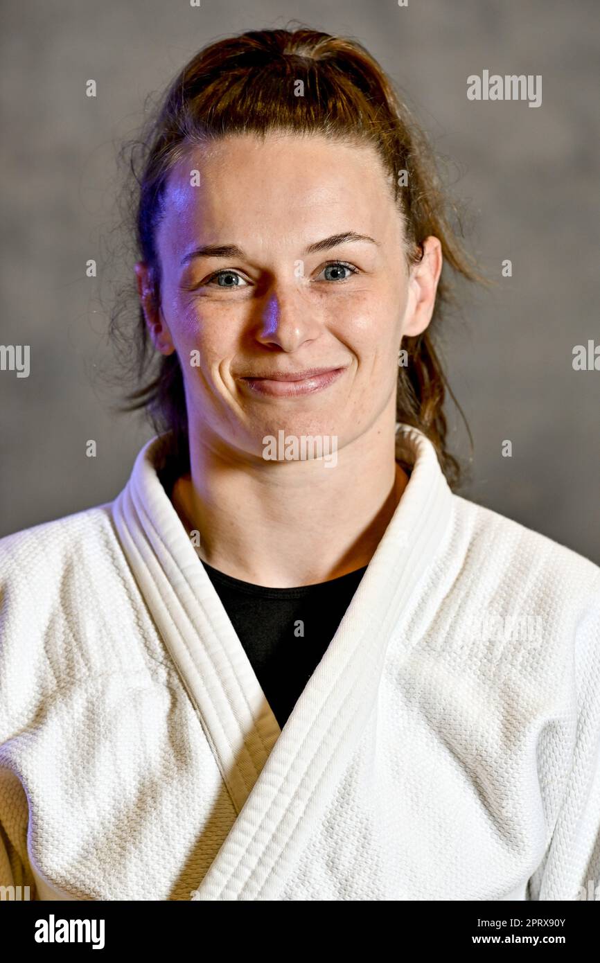 Wilrijk, Belgien. 27. April 2023. Die belgische Ellen Salens wird während eines Pressezeitpunkts von Judo Vlaanderen vor der Judo-Weltmeisterschaft in Doha (7.-14. April 05) im Stedelijk Lyceum Topsport in Wilrijk, Antwerpen, Donnerstag, den 27. April 2023, gezeigt. BELGA PHOTO DIRK WAEM Credit: Belga News Agency/Alamy Live News Stockfoto