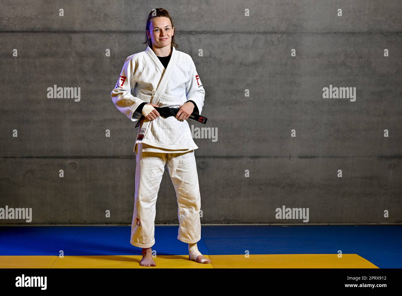 Wilrijk, Belgien. 27. April 2023. Die belgische Ellen Salens wird während eines Pressezeitpunkts von Judo Vlaanderen vor der Judo-Weltmeisterschaft in Doha (7.-14. April 05) im Stedelijk Lyceum Topsport in Wilrijk, Antwerpen, Donnerstag, den 27. April 2023, gezeigt. BELGA PHOTO DIRK WAEM Credit: Belga News Agency/Alamy Live News Stockfoto