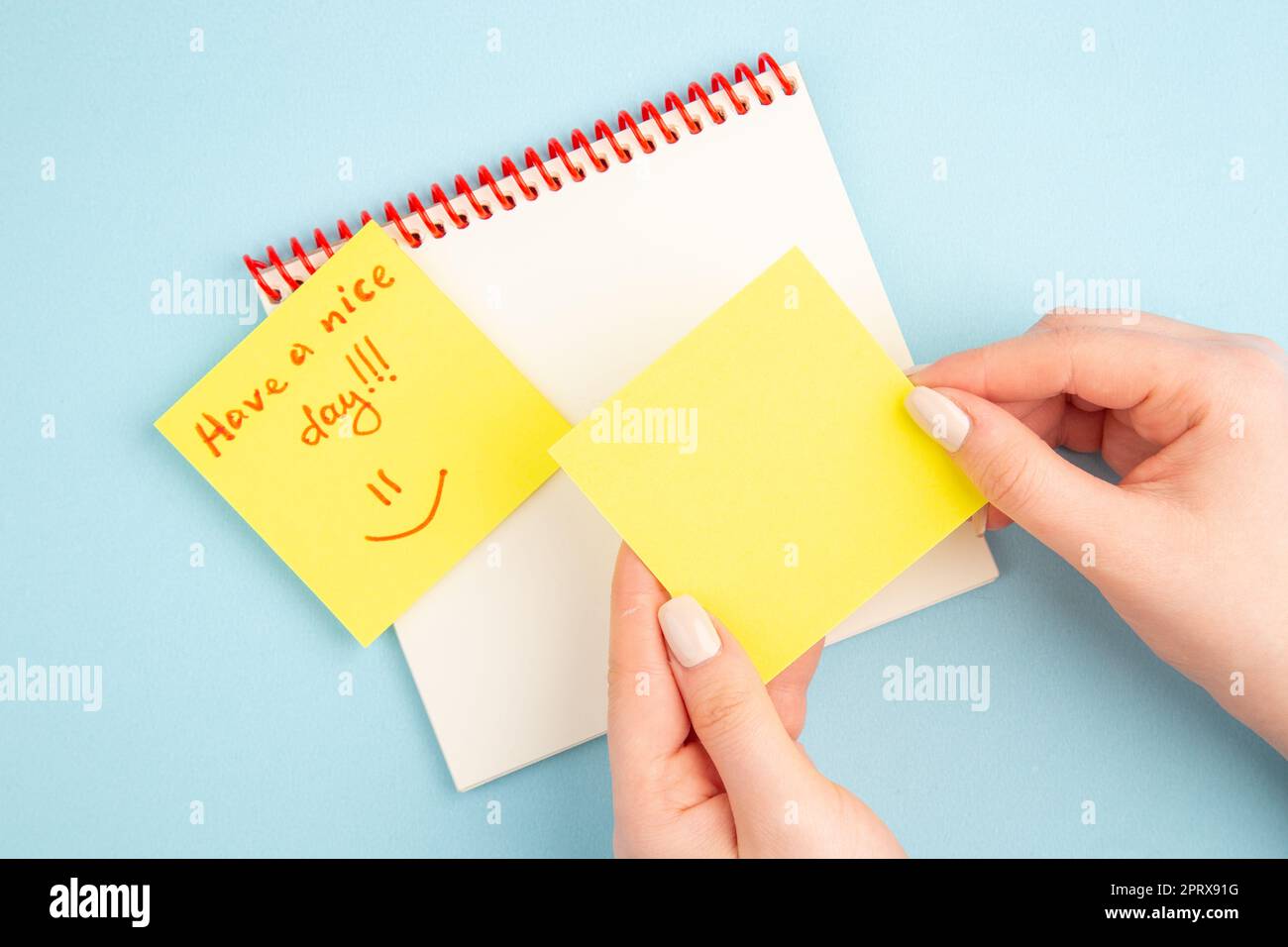Top View Spiral Notizbuch Haftnotizen in Frauenhand Hab einen schönen Tag auf gelbem Notizpapier auf blauem Hintergrund geschrieben Stockfoto