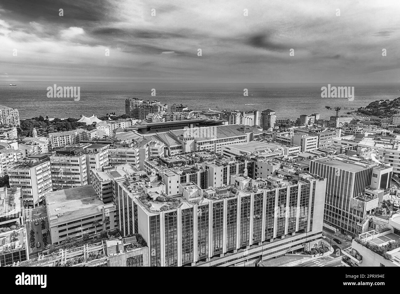 Luftaufnahme des Louis II Stadions. Es befindet sich im Stadtteil Fontvieille von Monaco, Cote d'Azur, Französische Riviera Stockfoto