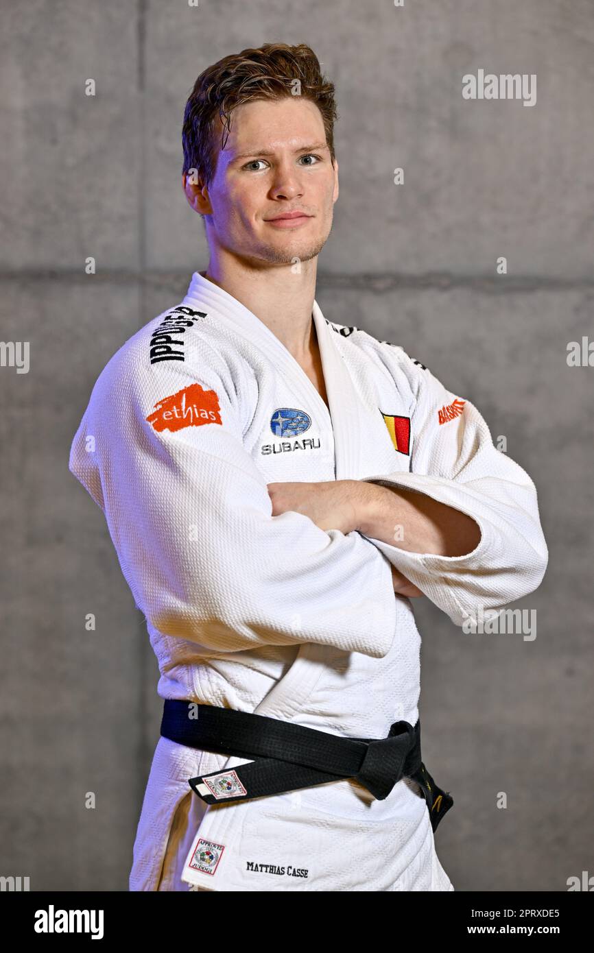 Wilrijk, Belgien. 27. April 2023. Die belgische Matthias Casse wird während eines Pressezeitpunkts von Judo Vlaanderen vor der Judo-Weltmeisterschaft in Doha (7-14/05) im Stedelijk Lyceum Topsport in Wilrijk, Antwerpen, Donnerstag, den 27. April 2023, gezeigt. BELGA PHOTO DIRK WAEM Credit: Belga News Agency/Alamy Live News Stockfoto