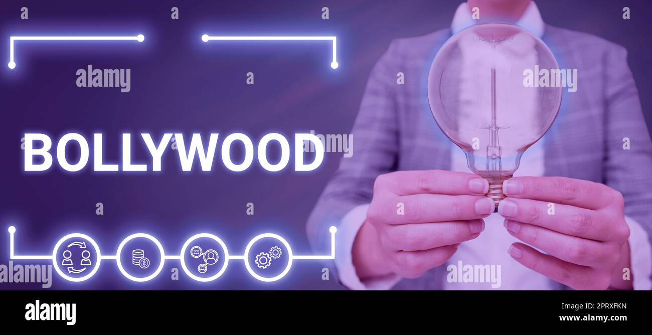 Schild mit Bollywood, Business Overview Hollywood, bezieht sich auf die Hindi-Sprache Filmindustrie in Indien. Stockfoto