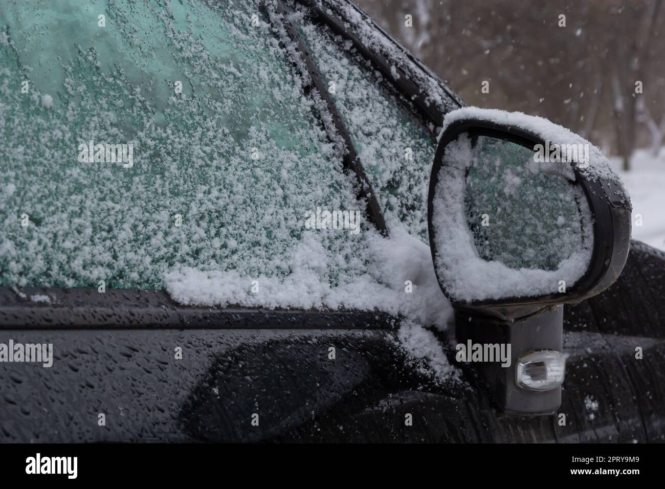 Frischer Schnee bedeckt die Umgebung und den Autospiegel, Schneetextur auf einer Metalloberfläche, Winter. Stockfoto