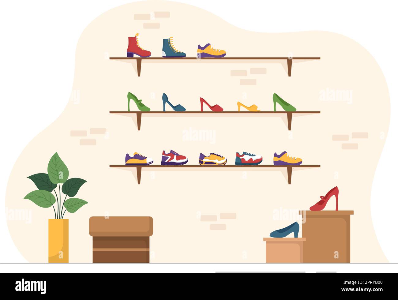 Schuhgeschäft mit neuer Kollektion Herren oder Damen verschiedene Modelle oder Farben von Sneakers und High Heels in Flat Cartoon Handgezeichnete Vorlagen Illustration Stock Vektor