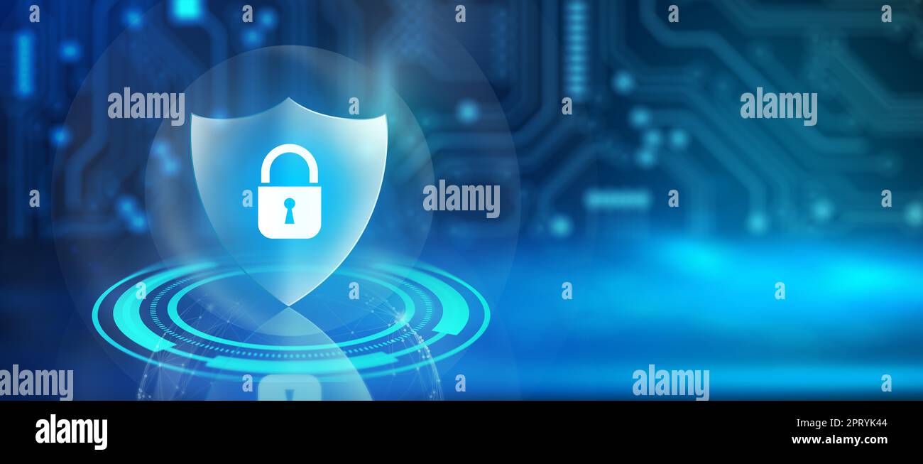 Schild mit Vorhängeschloss-Symbol auf Leiterplatte und Netzwerkdrahtrahmen mit Binärcode auf blauem Hintergrund, abstrakt. Cyberangriffsblock, Cyberdaten und in Stockfoto