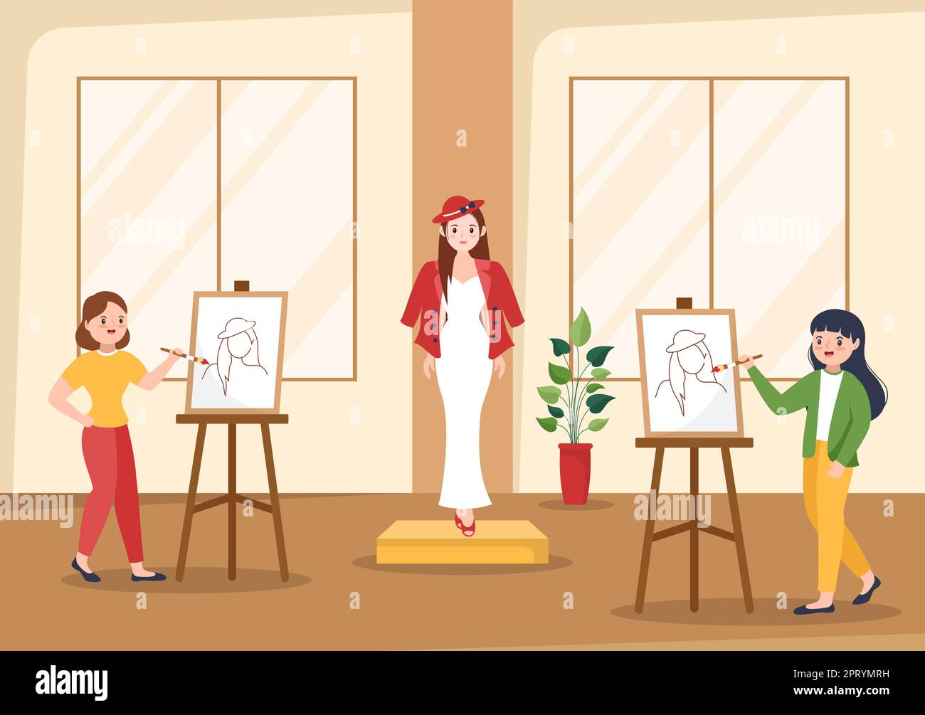 Art School of Painting with Live Model or Object Using Tools and Equipment in Template Hand Drawn Cartoon Flat Illustration Stock Vektor