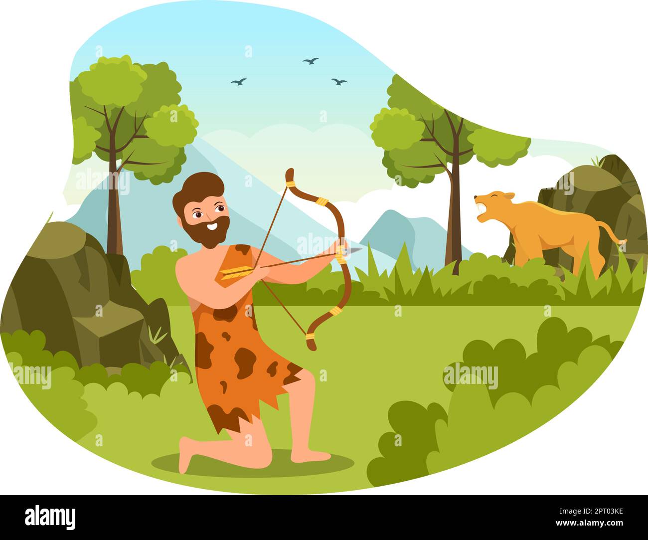 Prähistorische Steinzeit Stämme Jagd große Tiere mit Waffe in flachen Cartoon Hand Zeichnung Vorlage Illustration Stock Vektor