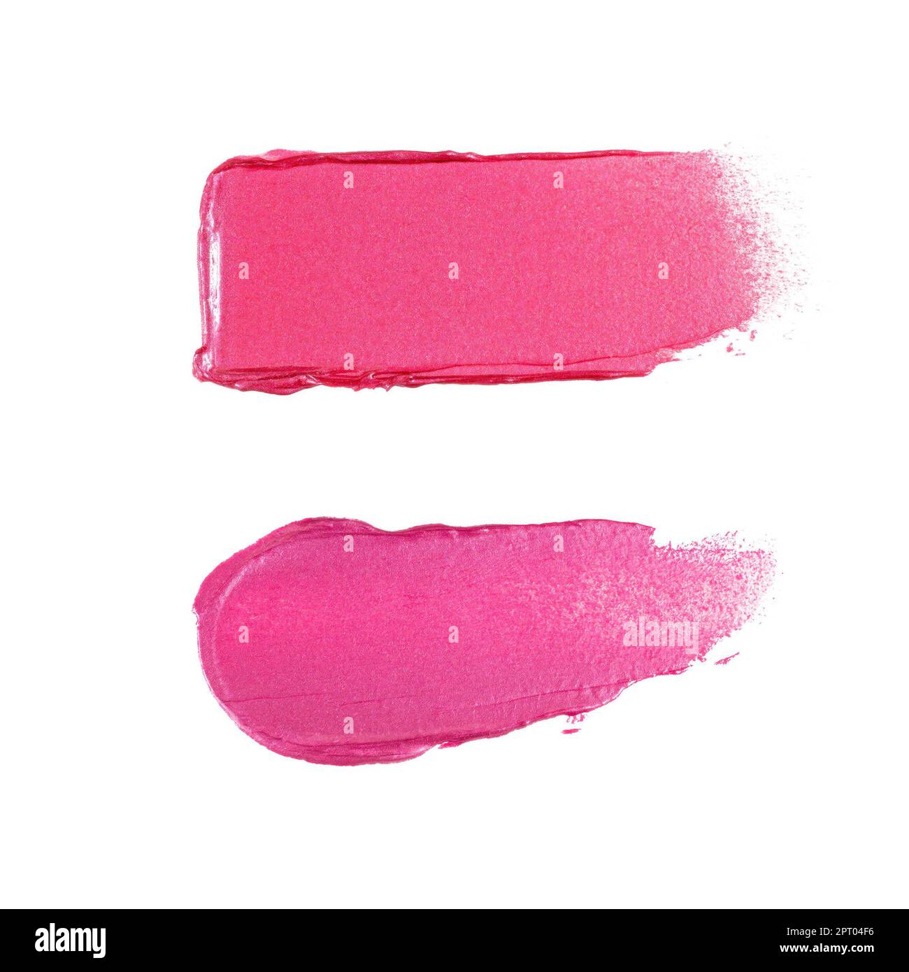 Lippenstift in leuchtendem Rosa oder Lipgloss mit schimmerndem Farbmuster und glattem Abstrich. Kosmetik verschmiert Proben für das Design von Make-up-Produkten. Stockfoto