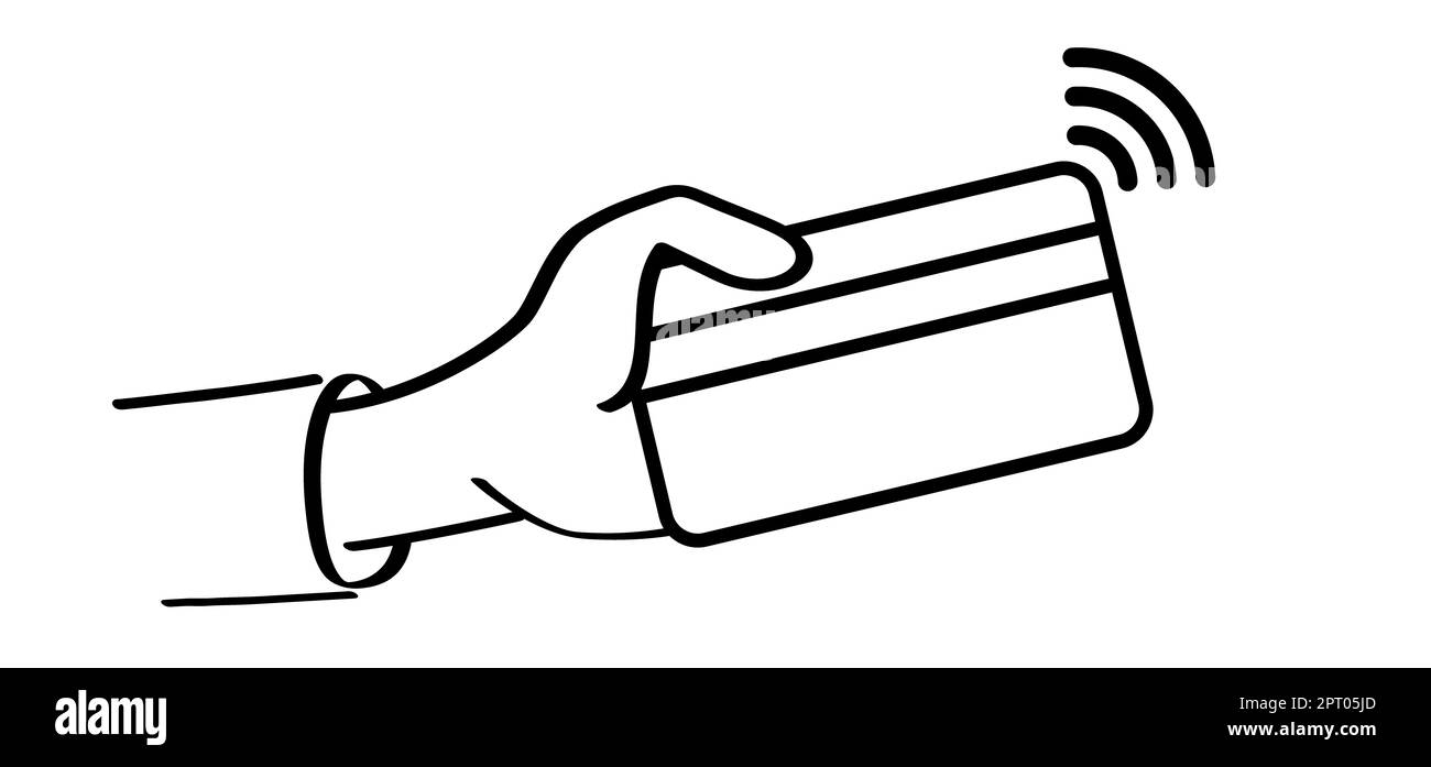 kontaktlose nfc Pay-Karte. Cartoon-Zahlung, eine Hand mit einer Kreditkarte. Zahlungskarten. Plastikkarten. Brieftasche, Geld und Hand. Finanzinvestitionen im Bankwesen. T Stockfoto