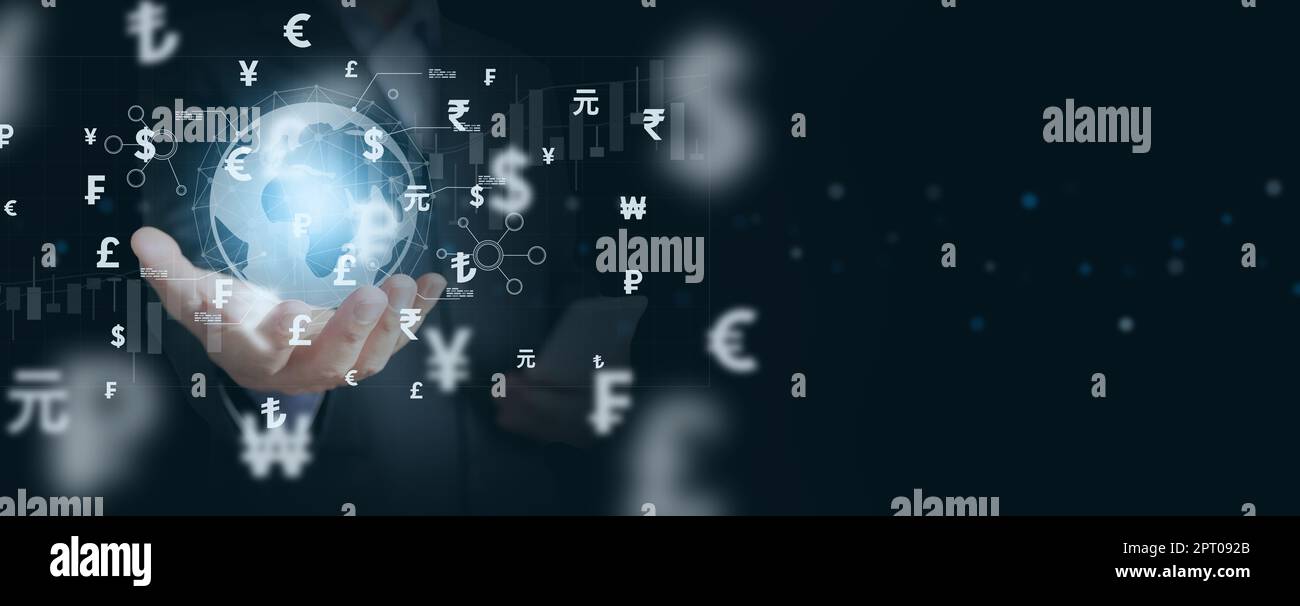 Aktuelle Finanztechnologie: Devisenwechsel, Geldtransaktion oder Bewegung, Fintech, Kryptowährung, elektronisches Geld, bargeldlose Zahlungen, Und modern Stockfoto