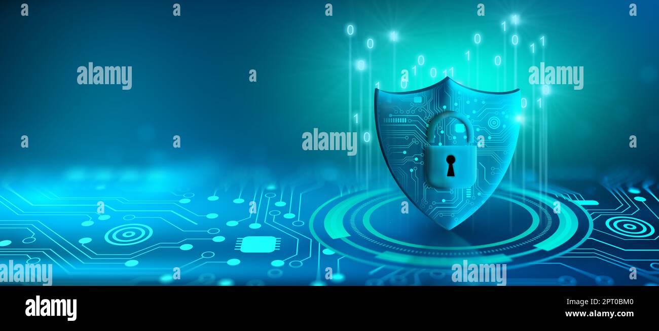 Schild mit Vorhängeschloss-Symbol auf Leiterplatte und Netzwerkdrahtrahmen mit Binärcode auf blauem Hintergrund, abstrakt. Cyberangriffsblock, Cyberdaten und in Stockfoto