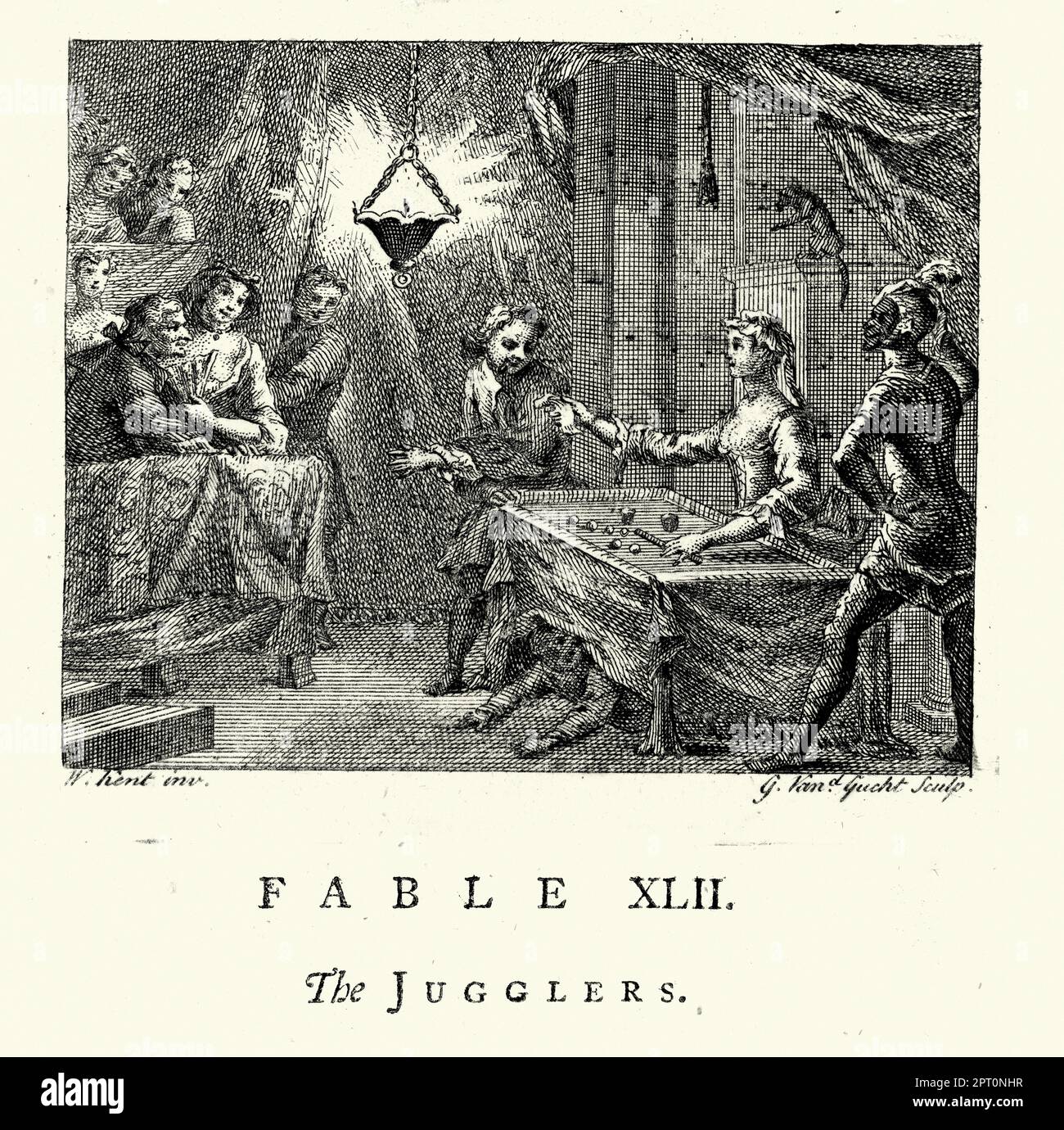 Vintage Illustration Fabel der Jongleure, Frau führt Tricks vor, Magie-Show, 18. Jahrhundert. Aus den Märchen von John Gay Stockfoto