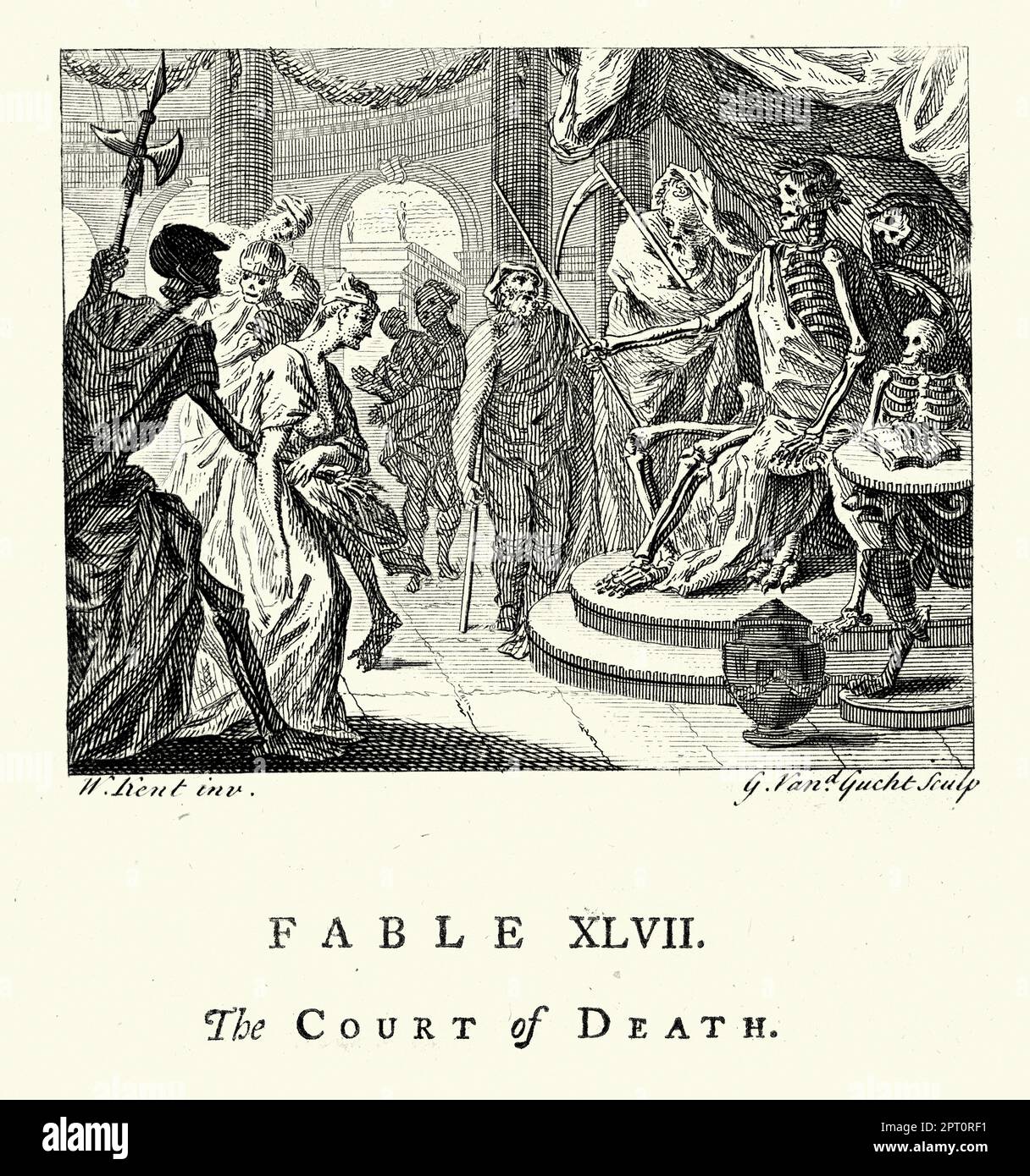Vintage Illustration Fable of the Court of Death, Grim Reaper Urteil, 18. Jahrhundert. Aus den Märchen von John Gay Stockfoto