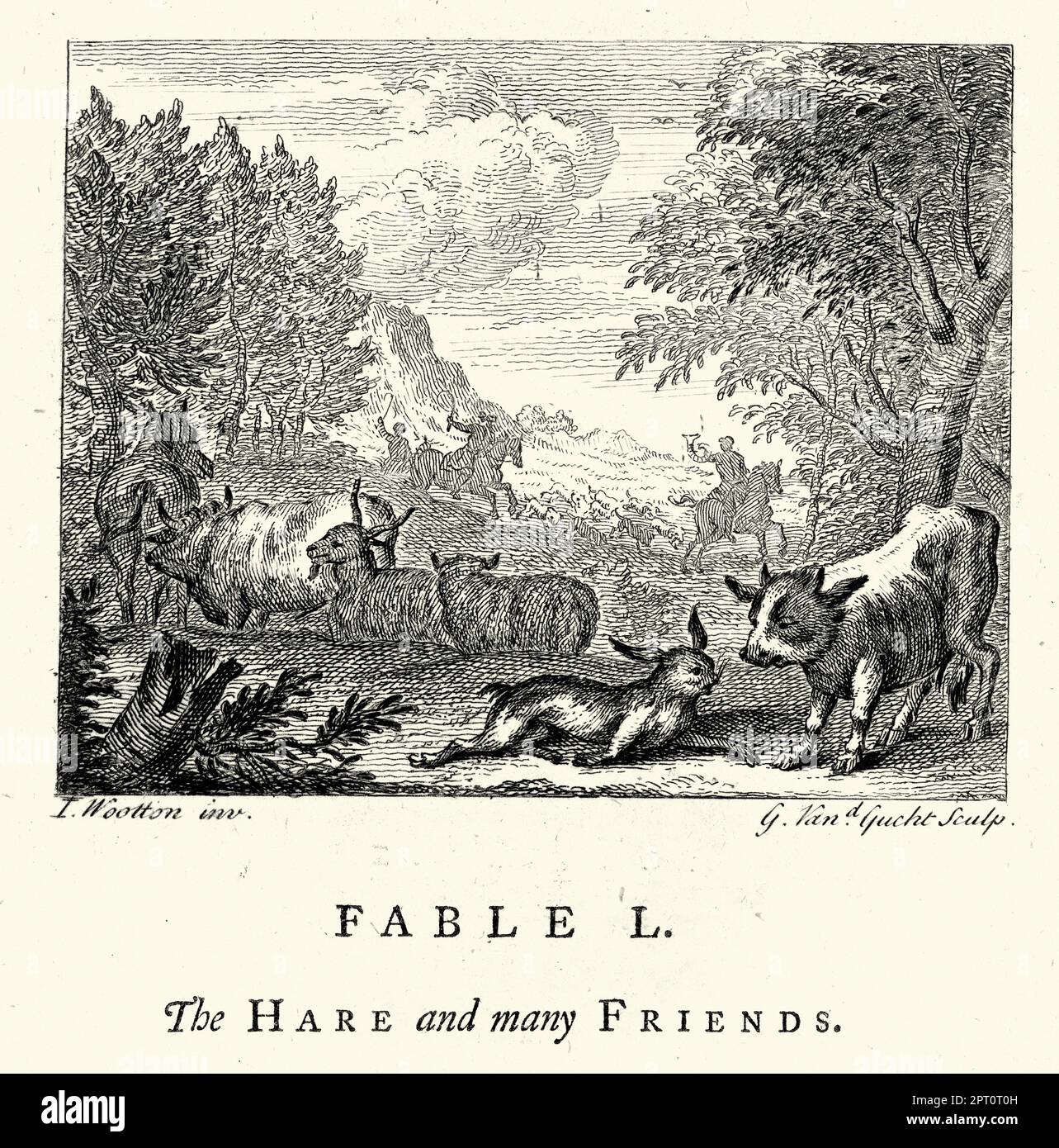 Vintage Illustration Fable of the Hare und die vielen Freunde, Tiere, die einen Hasen vor der Jagd verstecken, 18. Jahrhundert. Aus den Märchen von John Gay Stockfoto