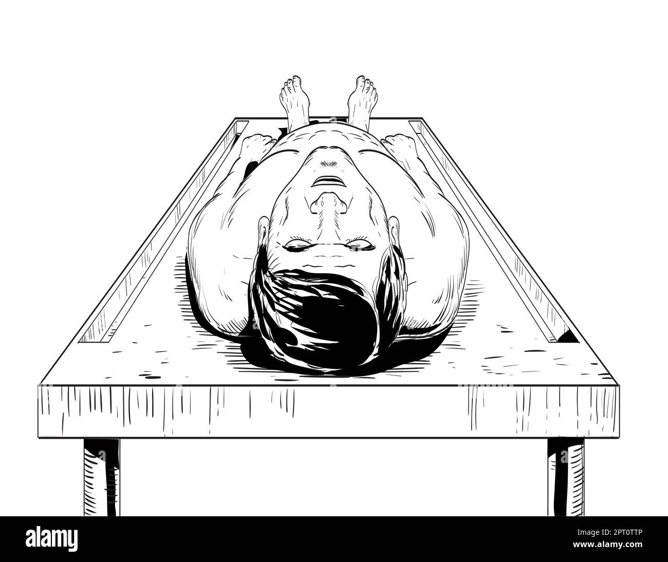 Comics-Zeichnung oder Veranschaulichung einer Leiche eines Mannes auf einem Obduktionstisch in der forensischen Pathologie aus dem Hochwinkel auf isoliertem Rückgrat Stockfoto