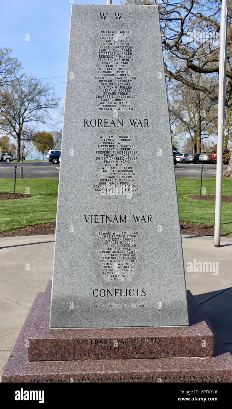 Weltkrieg 1, Koreakrieg und Vietnam war Memorial im Lakewood Park in Lakewood, Ohio Stockfoto
