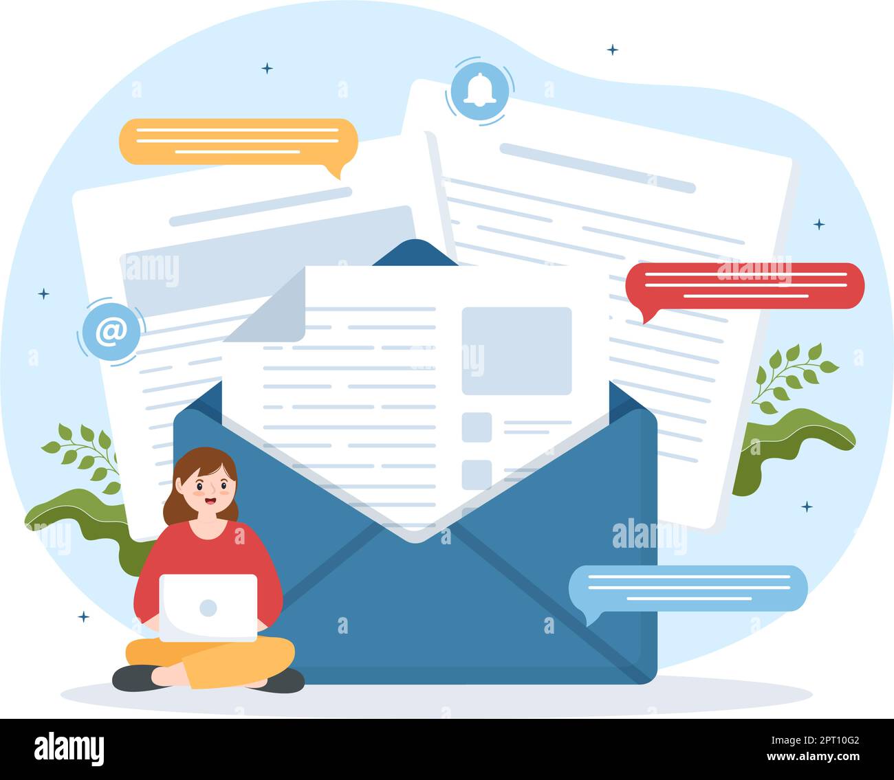 E-Mail-Service mit Zustellung von Korrespondenz, E-Mail-Nachricht und Business-Marketing in flacher, handgezogener Karikatur Illustration Stock Vektor