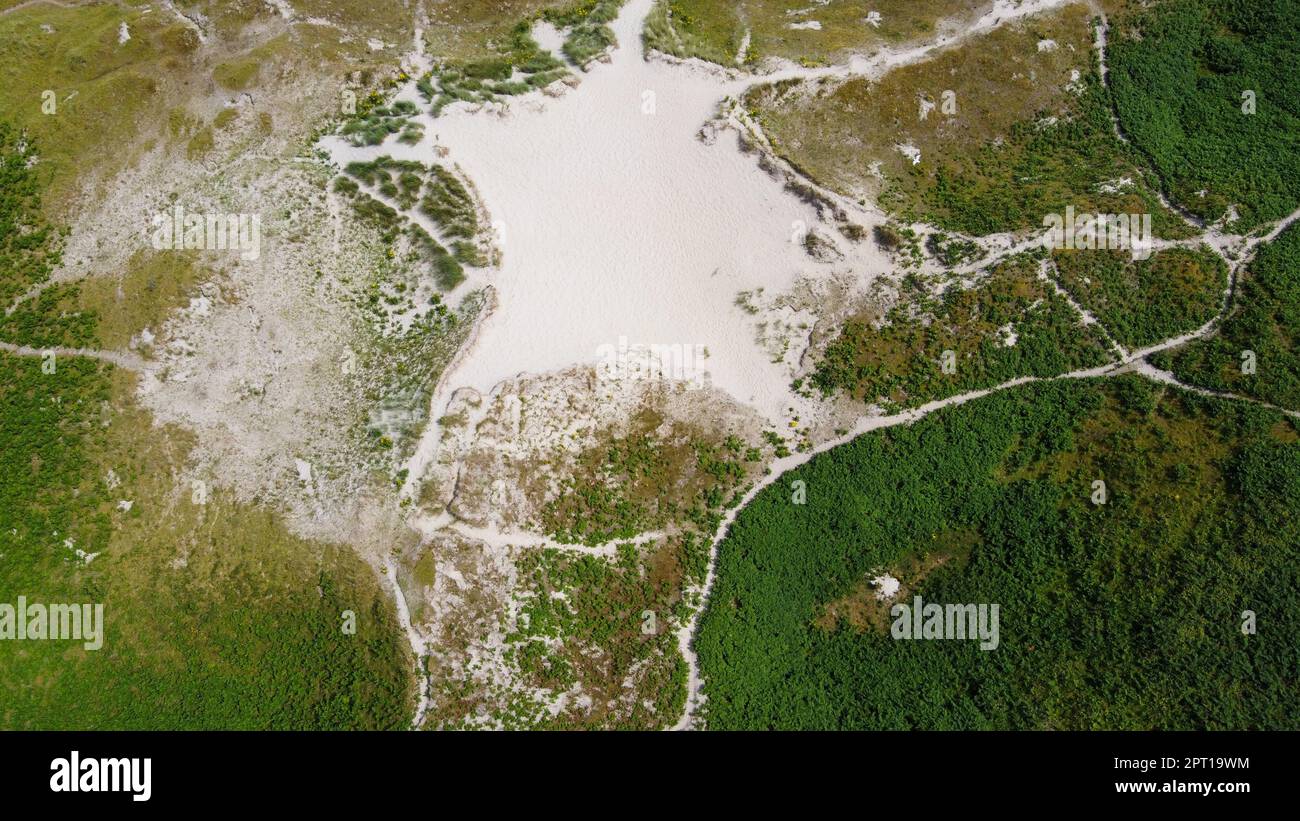 Grüne Pflanzen bedecken die Hänge der Sanddünen im Sommer in Irland, Draufsicht. Wunderschöne irische Hügel, Landschaft. Stockfoto