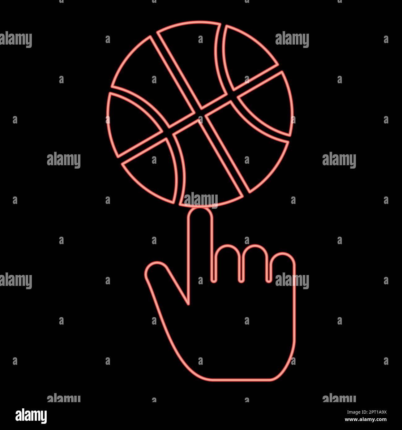 Neon-Basketballball, der sich über dem Zeigefinger dreht, roter Farbvektor Abbildung flacher Stil Stock Vektor