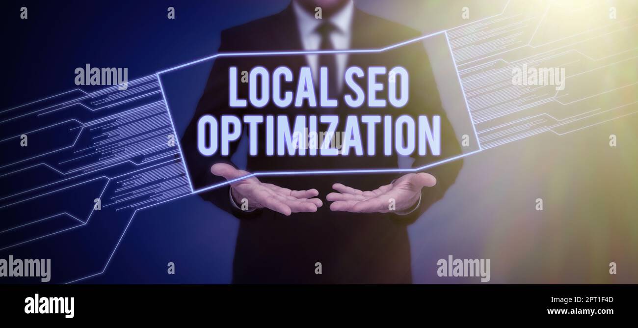 Konzeptionelle Bildunterschrift Lokale Seo-Optimierung, Konzept Bedeutung Sichtbarkeit der Suche auf Top-Liste Rang erhöhen Stockfoto