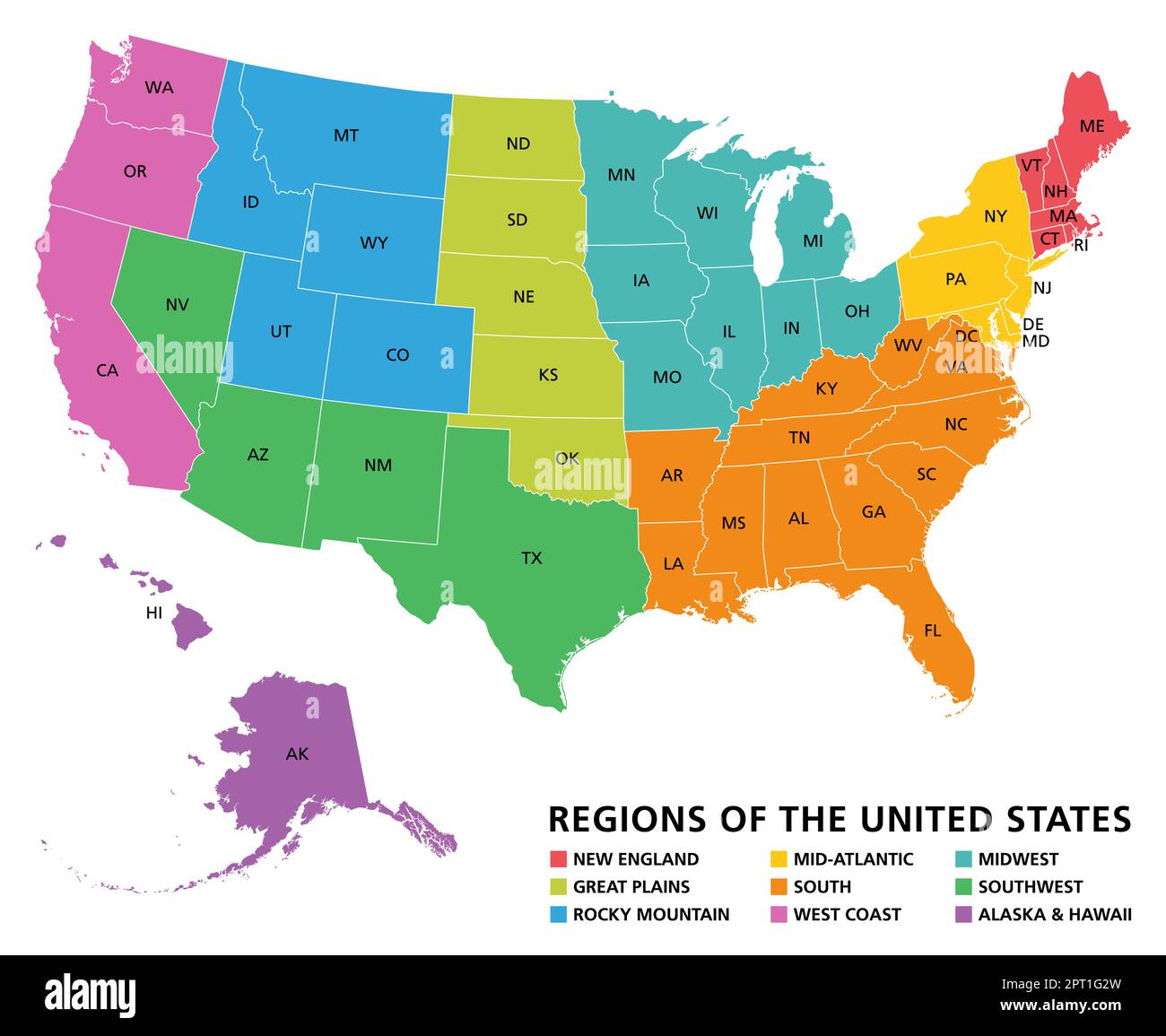 Regionen der Vereinigten Staaten von Amerika, politische Karte Stock Vektor