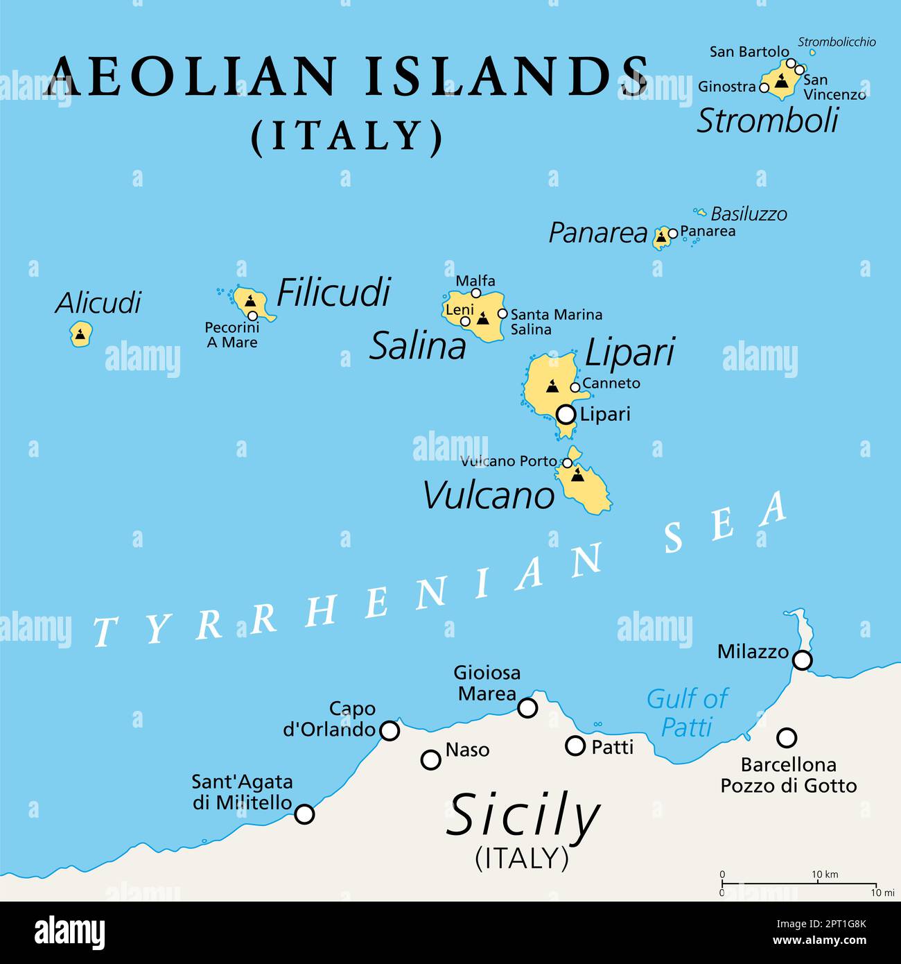 Äolische Inseln, Italien, politische Karte. Vulkaninseln im Tyrrhenischen Meer nördlich von Sizilien. Manchmal auch Lipari-Inseln genannt. Stockfoto