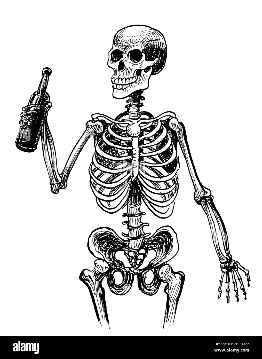 Skelett mit einer Flasche Bier. Handgezeichnete Tinte auf schwarz-weißer Papierzeichnung Stockfoto