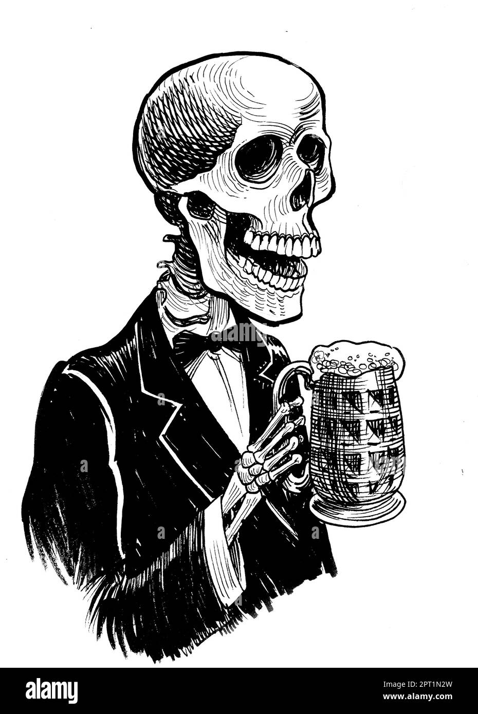 Menschliches Skelett, das Bier trinkt. Handgezeichnete Tinte auf schwarz-weißer Papierzeichnung Stockfoto