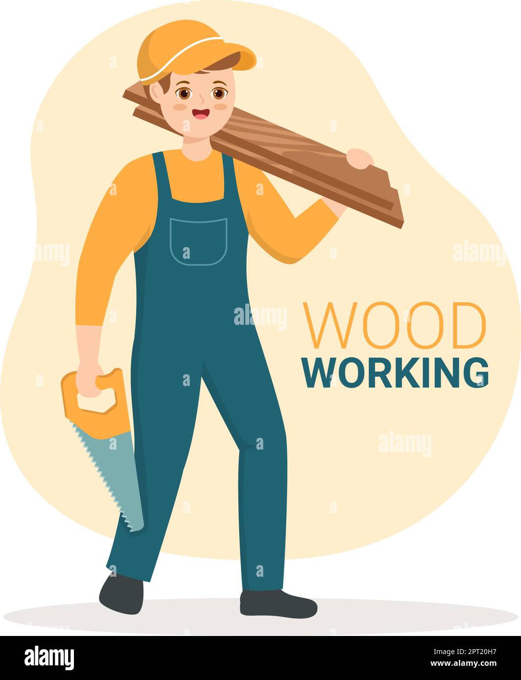Holzbearbeitung mit Holzschnitt durch modernen Handwerker und Arbeiter unter Verwendung des Werkzeugsatzes in der Abbildung der handgezeichneten flachen Cartoon-Vorlage Stock Vektor
