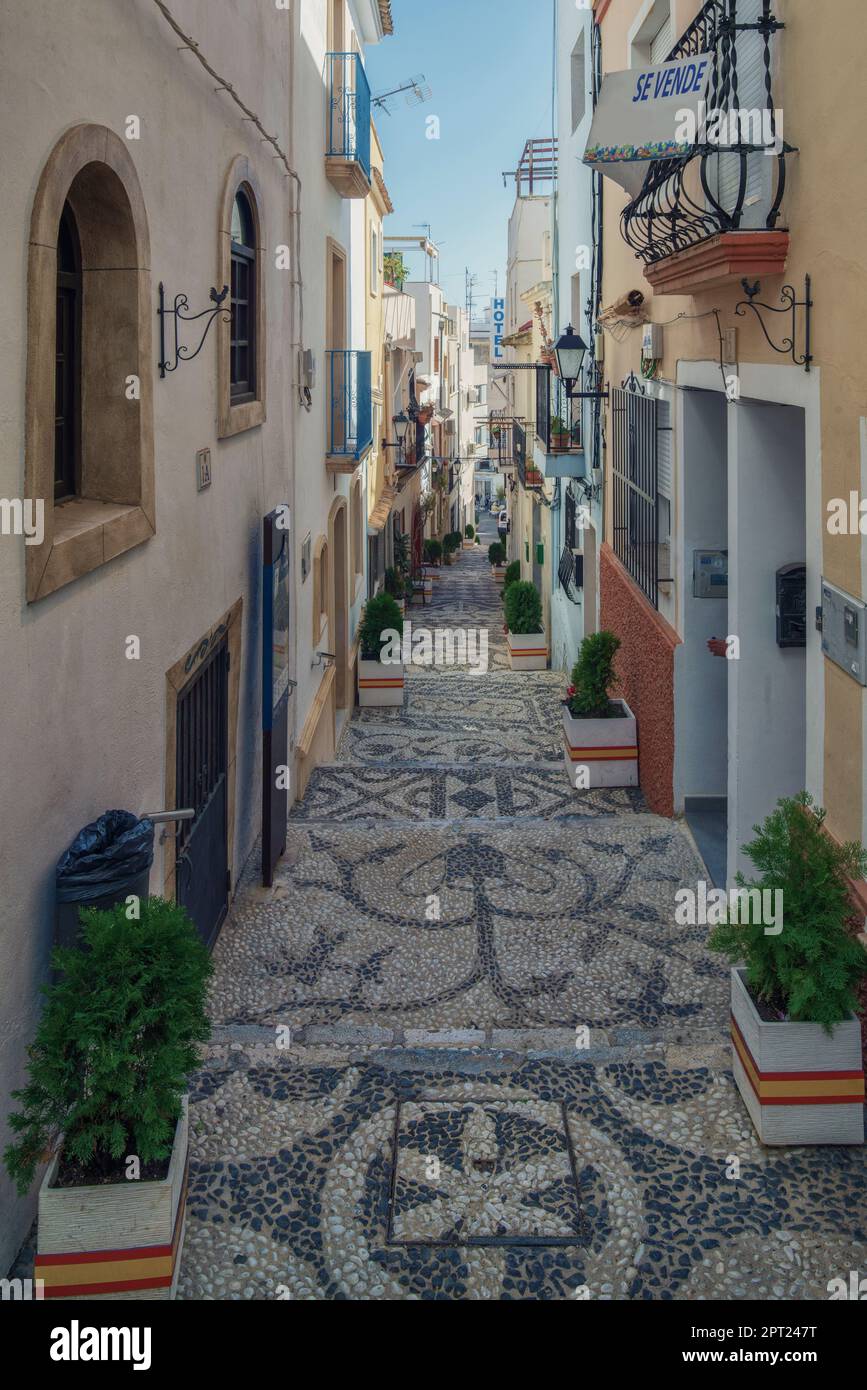 Kleine und charmante Altstadt, Labyrinth aus Straßen und Treppen die Geschichte der Stadt Calpe und ihrer schönsten Ecken, Alicante, Spanien, Europa Stockfoto