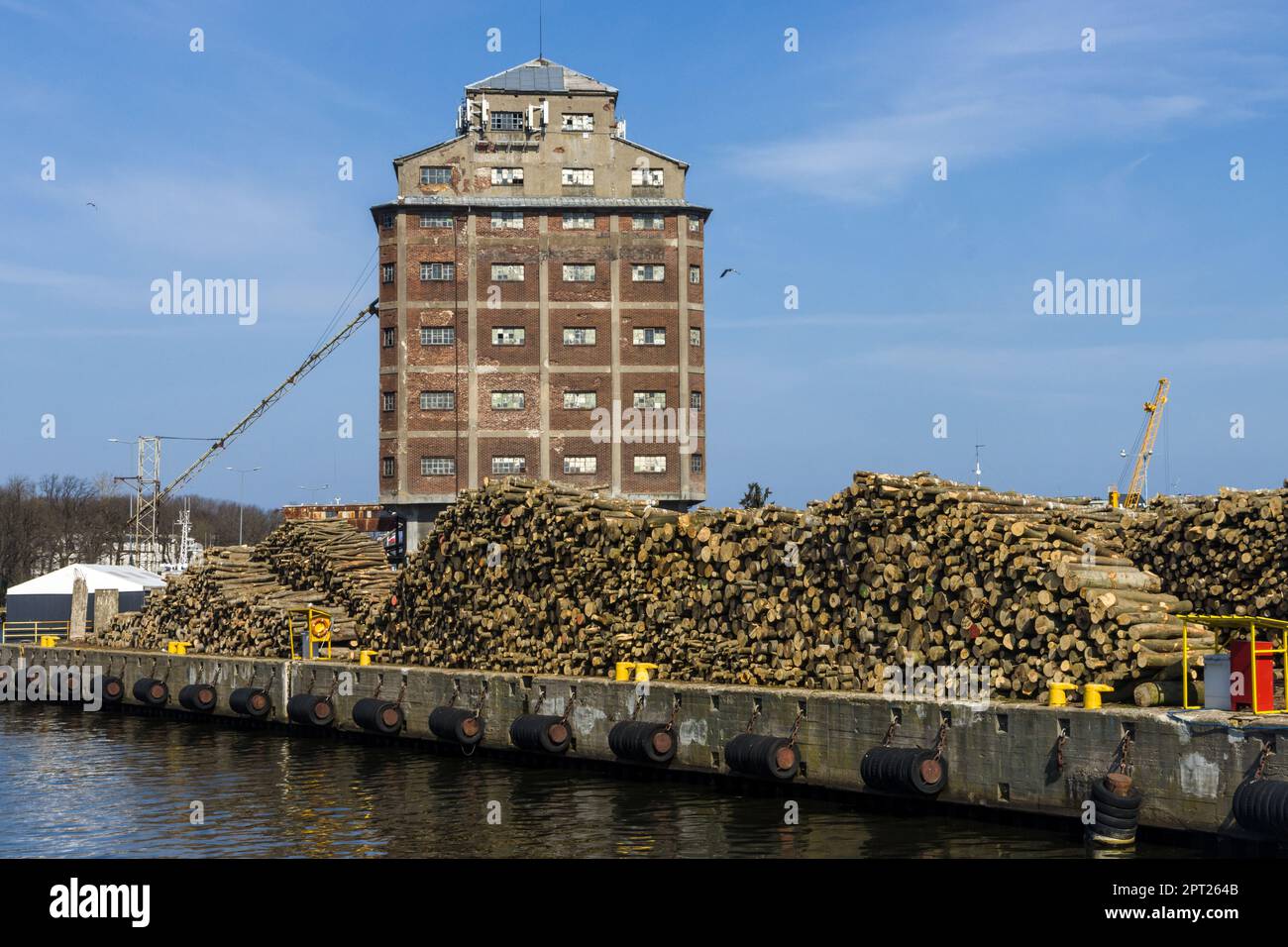 Ein Haufen Holz in einem Hafen Stockfoto