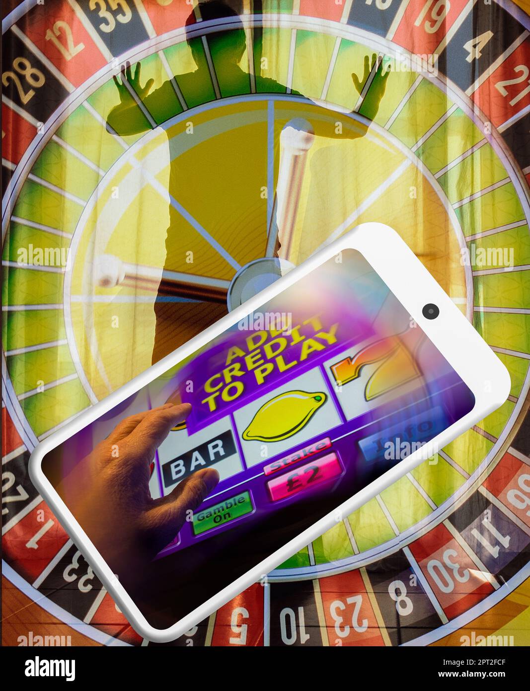 Moblie-Telefon zeigt Spielautomat. Online-Glücksspiel, Wetten, Spielsucht, psychische Gesundheit, Schulden... Konzept. Stockfoto