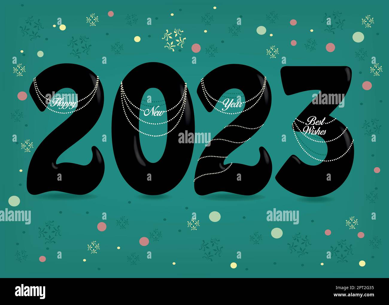 Schwarze Nummer 2023 mit weißem Perlkragen und Texten als Anhänger - Happy New Year Best wishes. Grüner Hintergrund mit bunten Konfetti. Vektordarstellung Stock Vektor