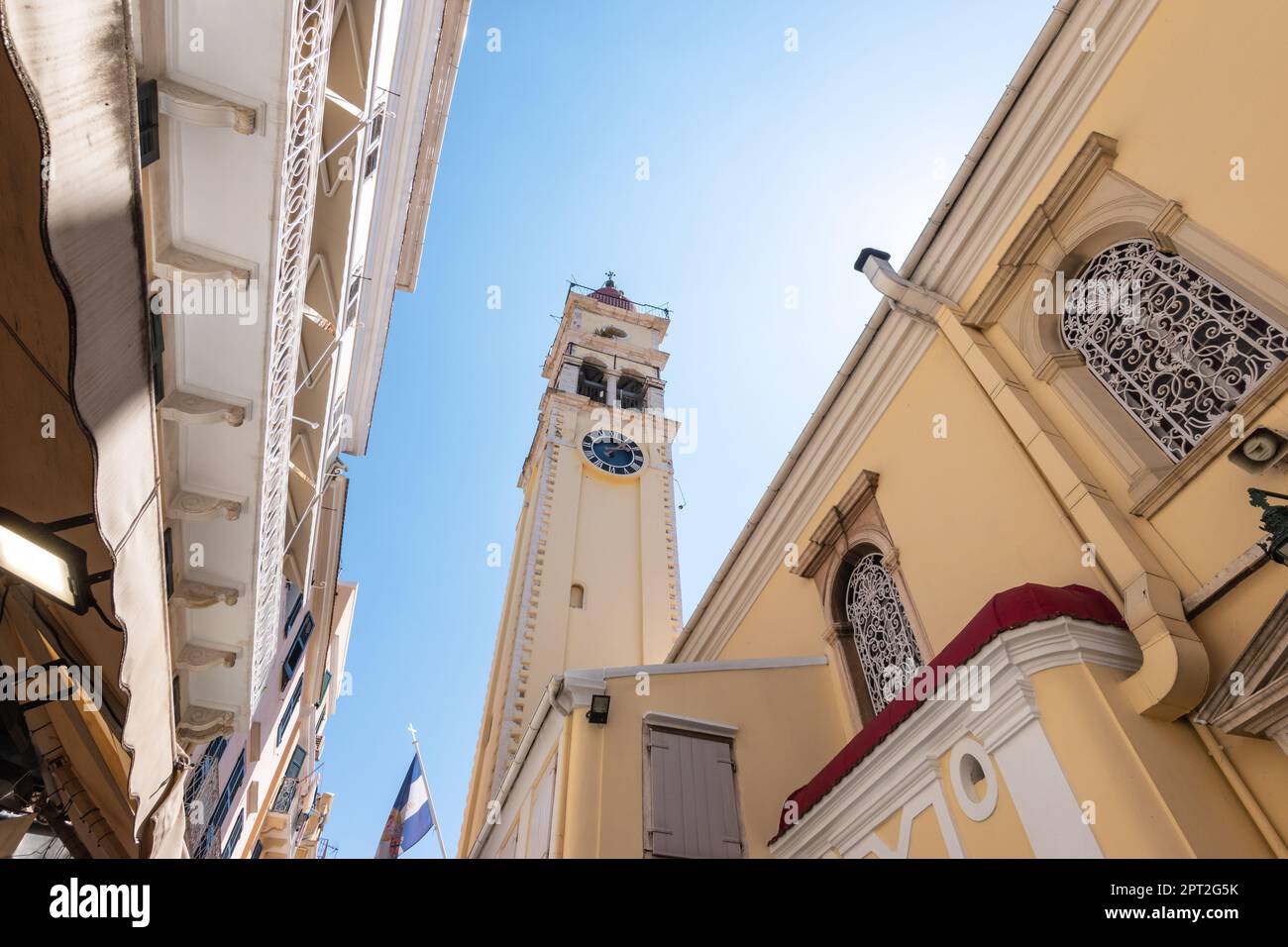 Glockenturm der Kirche St. Spyridon in Korfu, Griechenland. Stockfoto