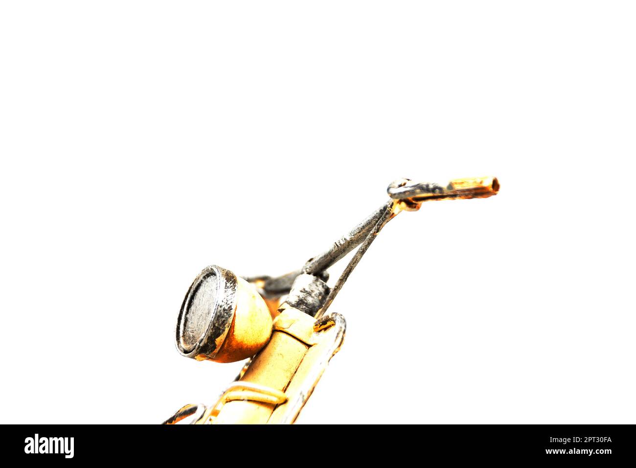 Detailansicht des Motorrollermodells auf weißem Tisch mit weißem Hintergrund Stockfoto