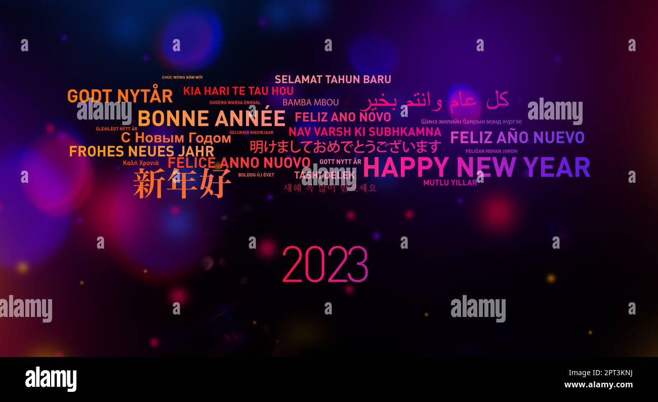 2023 Glückliche Neujahrskarte aus der Welt in verschiedenen Sprachen Stockfoto