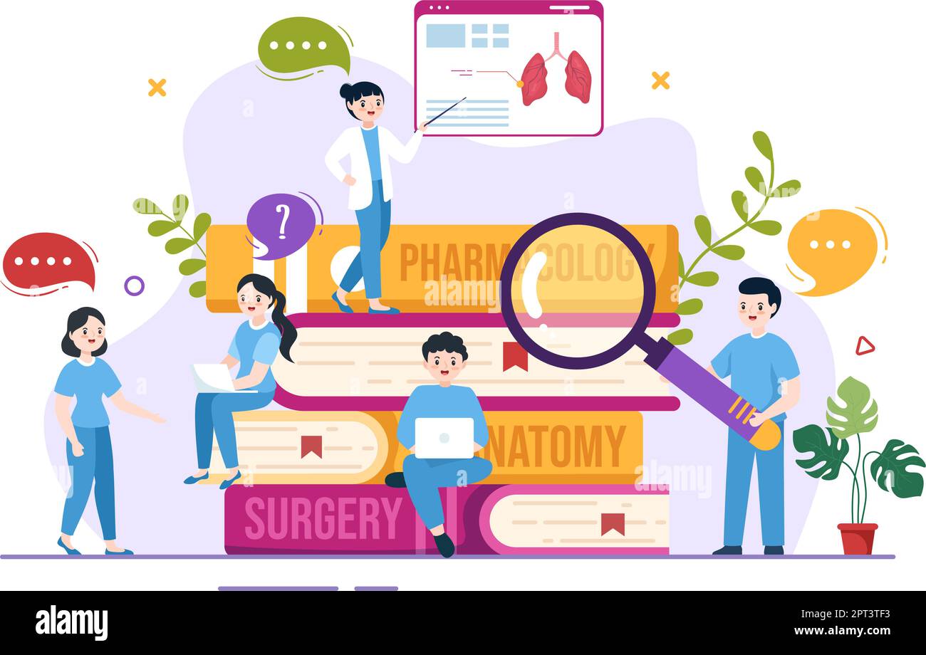 Medizinstudium mit Schülern, die Doktorlehrgang und Lernwissenschaften im Klassenzimmer in flacher Cartoon handgezeichnete Vorlage Illustration hören Stock Vektor