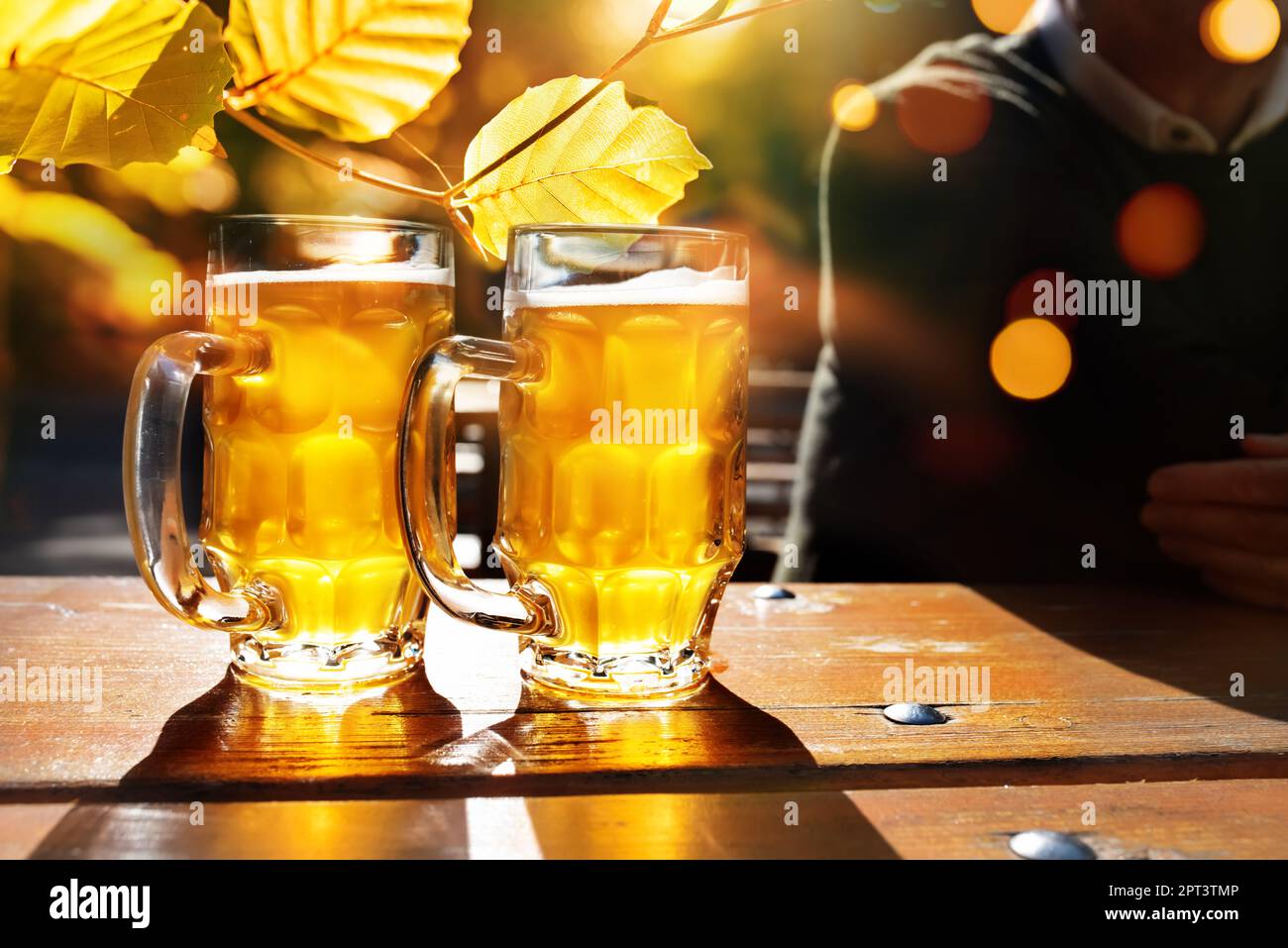 Sonniger Herbsttag im Biergarten. Gast mit frisch gefülltem Bierbecher und goldenen Herbstblättern im Hintergrund. Stockfoto