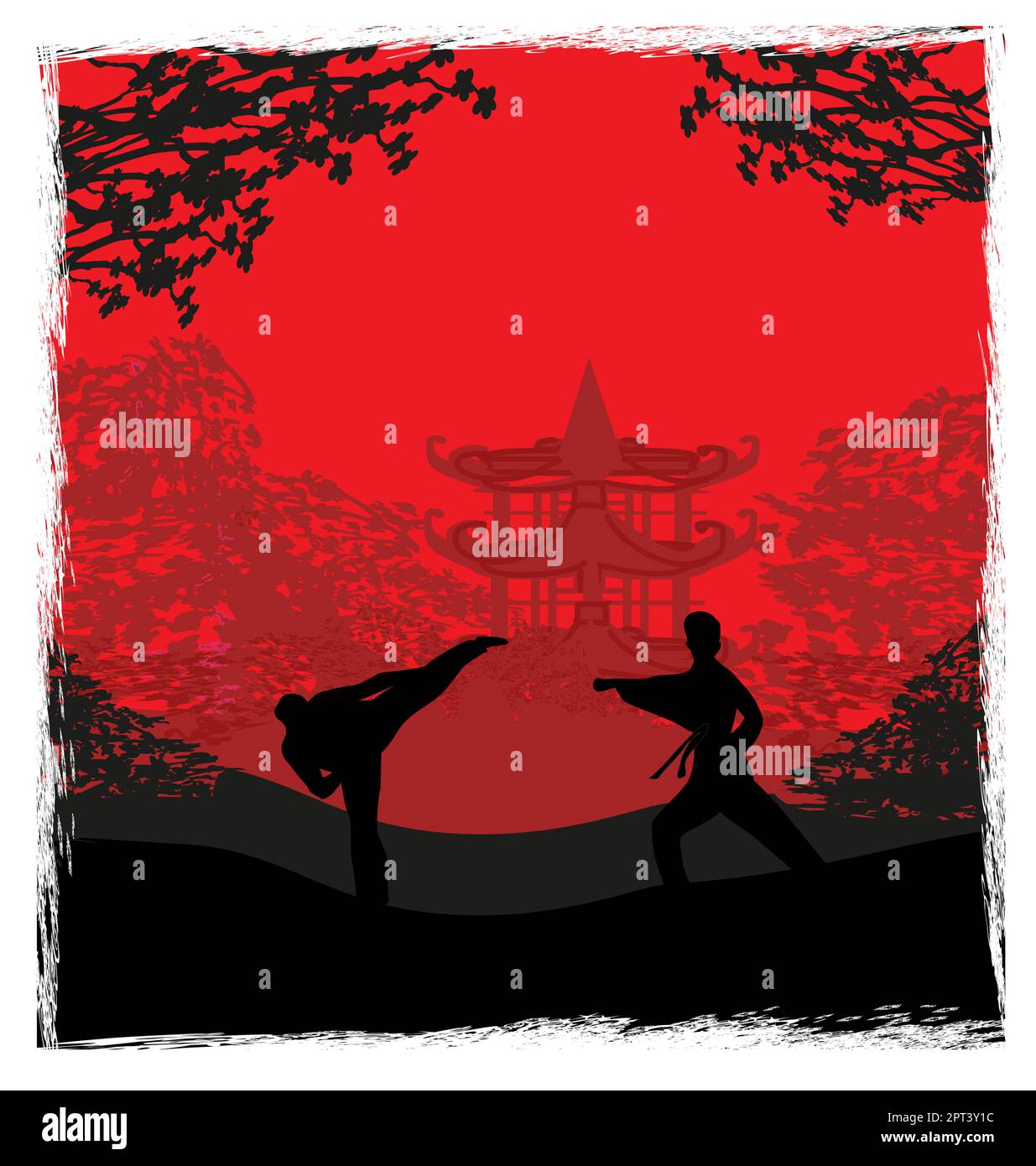 Aktive tae kwon do Kampfkunstkämpfer bekämpfen Kämpfe und treten auf, um Sport Silhouetten Illustration Stockfoto