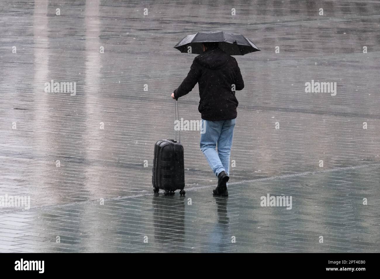 Nahaufnahme Mann hält Regenschirm unter Regen und hat Koffer, der auf der Rückseite läuft, und kein Gesicht und keine Reflexion auf dem Boden. Herbstkonzept für Regenurlaub. Stockfoto