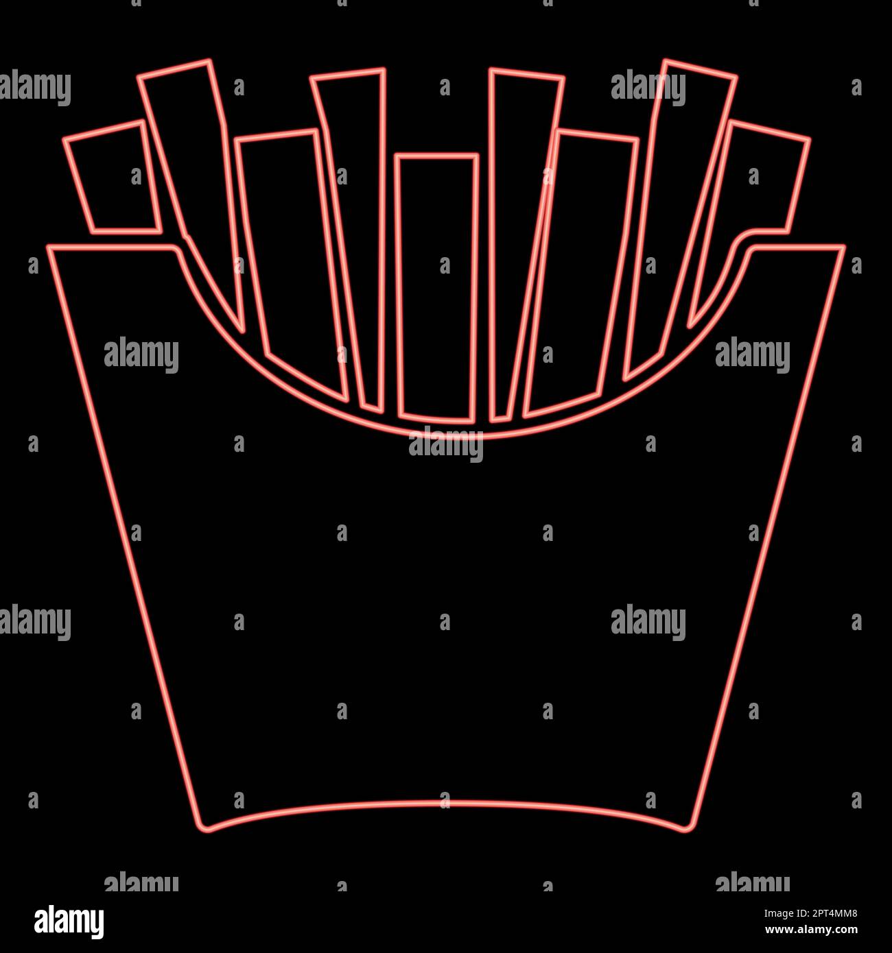 Neonfarbene pommes frites im Paket gebratene Kartoffeln im Papierbeutel Fast Food im Eimer Snack-Box Konzept Symbol schwarz Farbe Vektor Illustration flacher Stil Bild rot Farbe Vektor Illustration flacher Stil Bild Stock Vektor