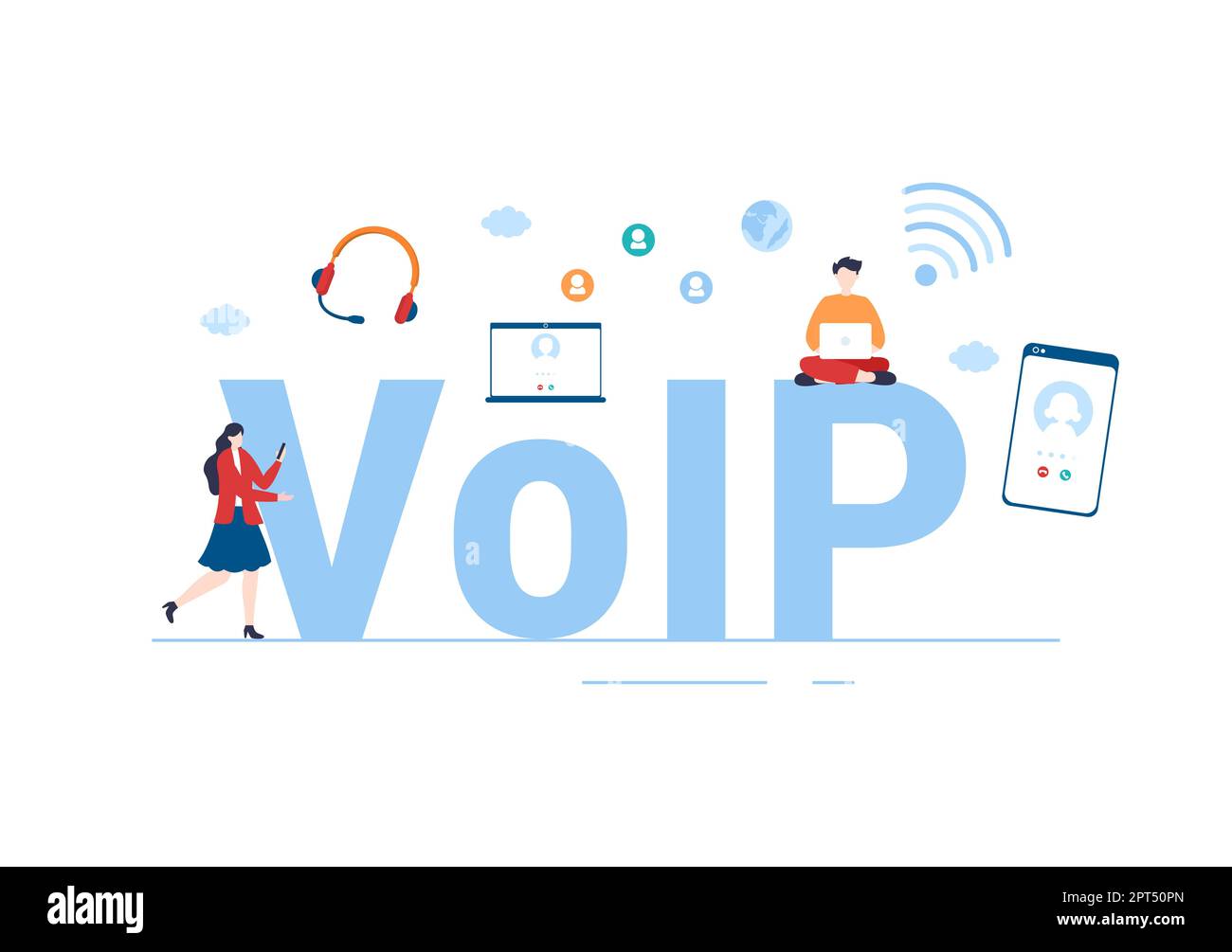 VOIP- oder Voice-over-Internet-Protokoll mit Telefonie-Scheme-Technologie und Netzwerk-Telefonanruf-Software in Vorlage Handgezeichnete Grafik flache Abbildung Stockfoto