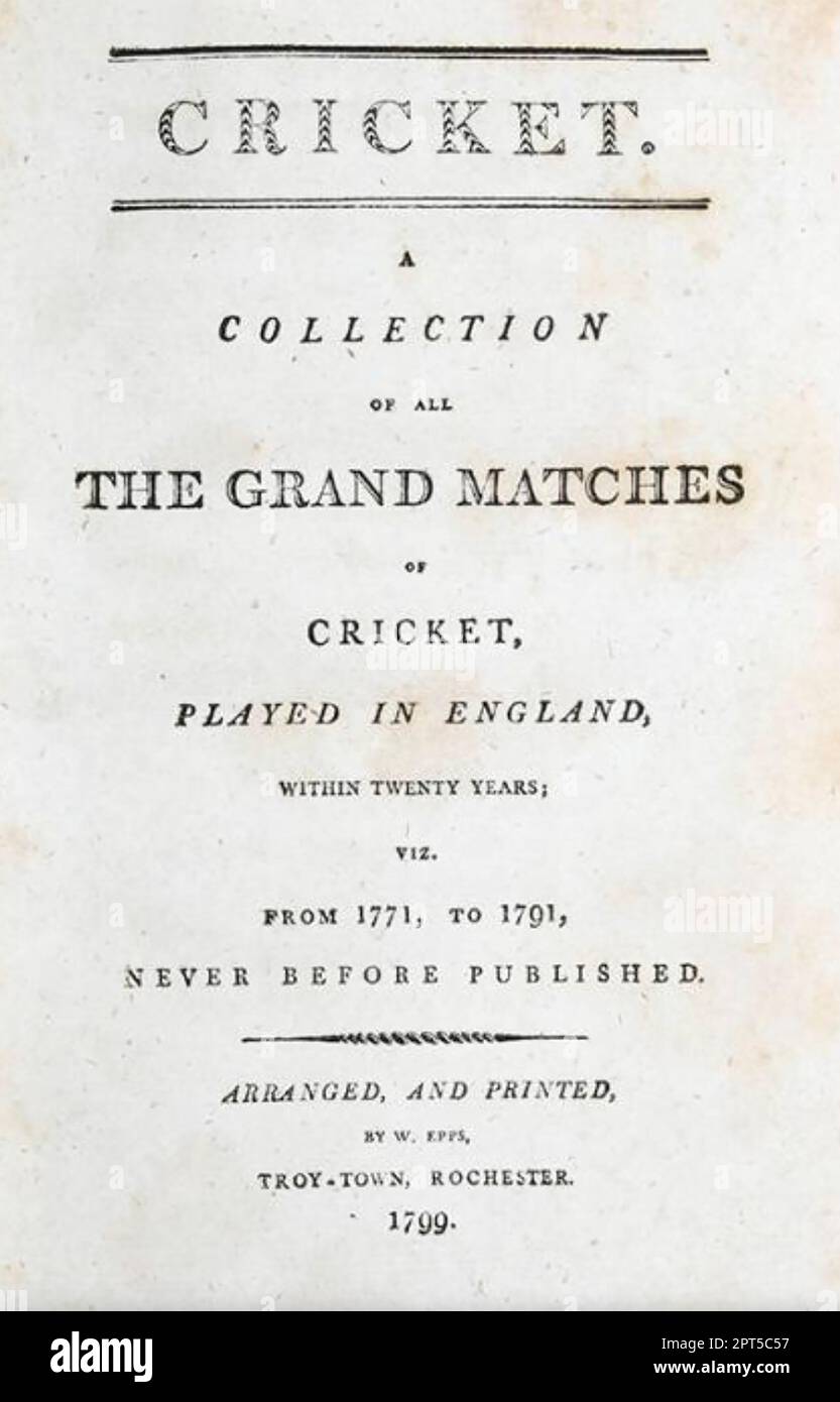 CRICKET-Titelseite des Buches von 1799, die Einzelheiten zu englischen Spielen bis zu diesem Datum enthielt. Stockfoto