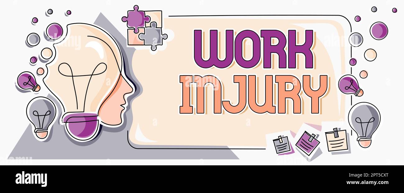Konzeptionelle Bildunterschrift Arbeitsverletzung, Geschäftsansatz Unfall bei Arbeitsgefahr Unsichere Bedingungen verletzen Trauma Stockfoto