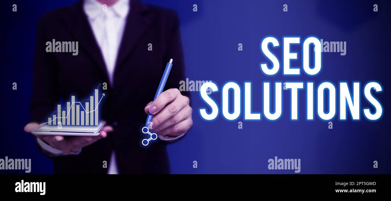 Hand schreiben Zeichen Seo Solutions, Wort für Suchmaschinen Ergebnis Seite erhöhen Besucher durch Rankings Stockfoto