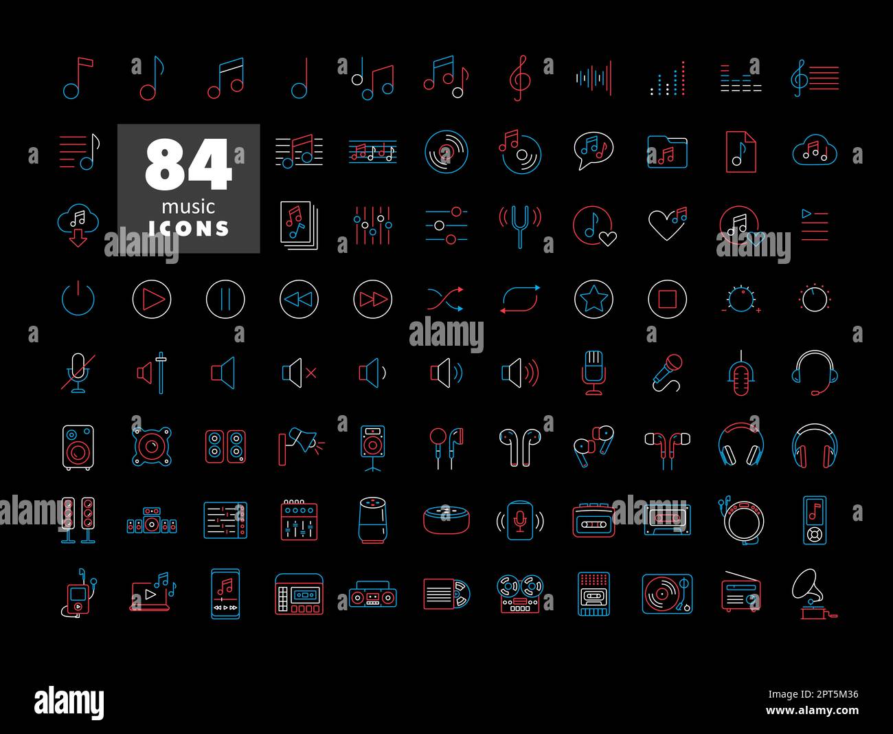 Musikvektor auf schwarzem Hintergrund Symbol eingestellt. Graph-Symbol für Musik und Sound Website und Apps Design, Logo, App, UI Stockfoto